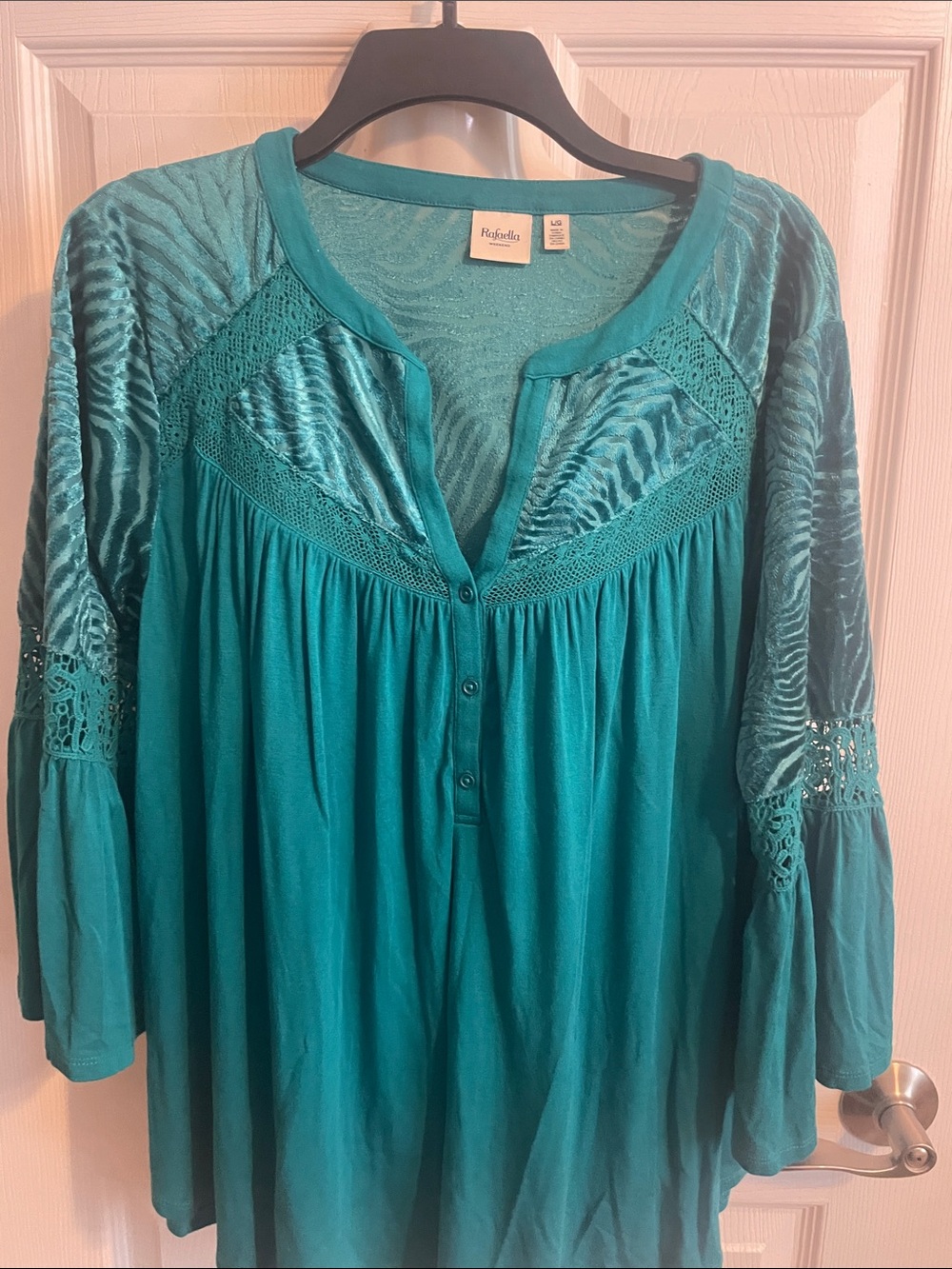 Rafaella Teal Crochet Yoke Tunic Top